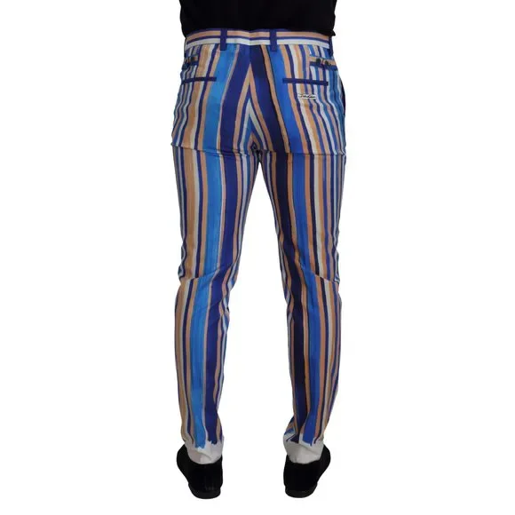 Dolce & Gabbana Blue Striped Silk Cotton Slim Trousers Pants